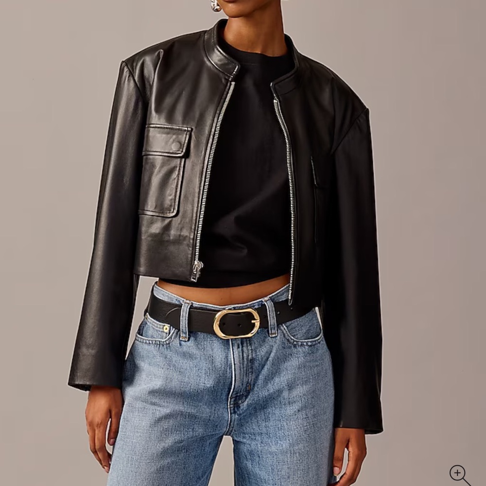 J. Crew Black Cropped Leather Bomber Jacket with Patch Pockets. Like new!